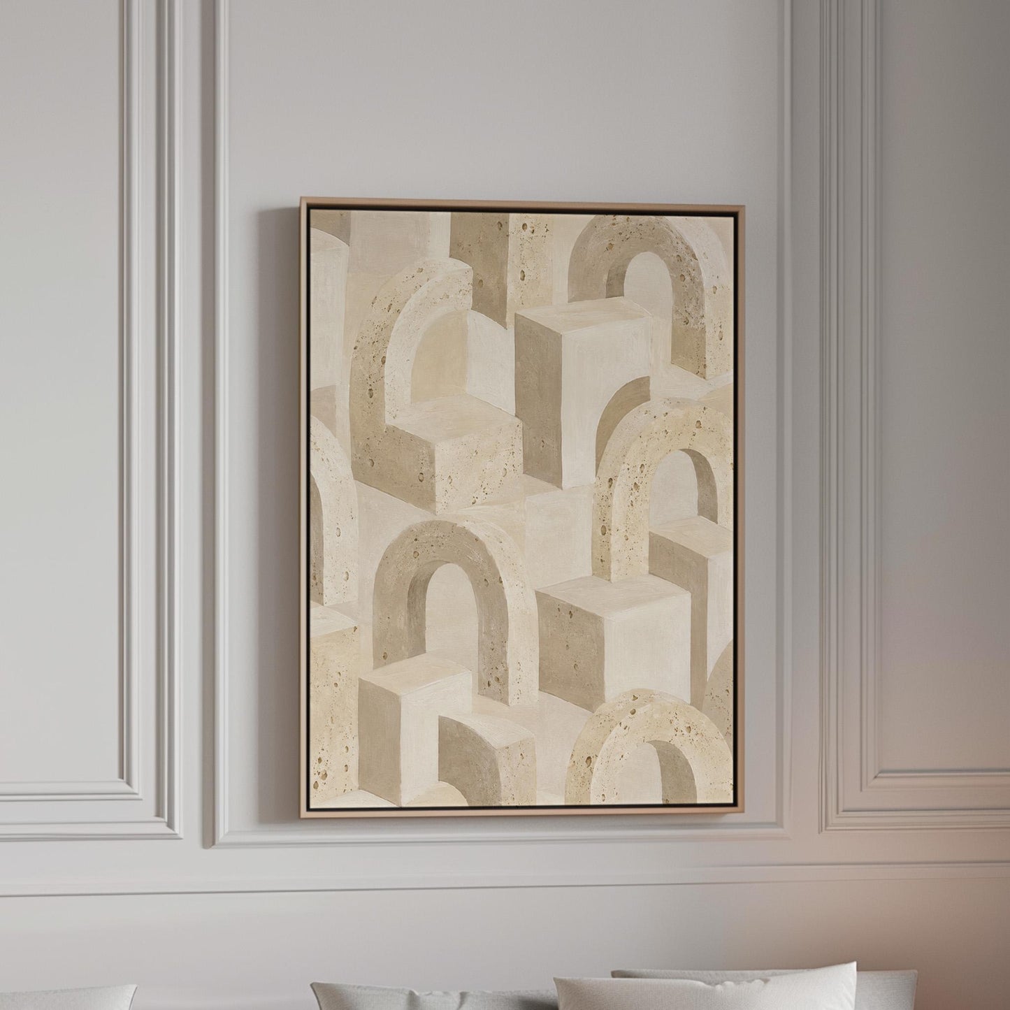 Repeating small arches pattern in sand and taupe tones, canvas print in a bright room with natural daylight