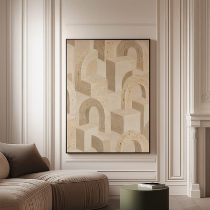 Repeating small arches pattern in sand and taupe tones, canvas print on a softly lit wall in a calm interior