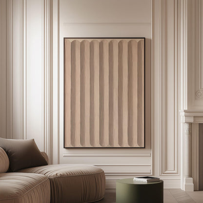 Vertical stripe pattern in blush pink and soft beige, canvas print on a softly lit wall in a calm interior