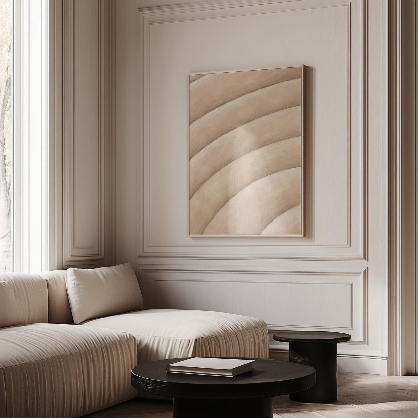 Broad sweeping arcs in cream and blush flowing across the frame, canvas print styled against a soft white wall