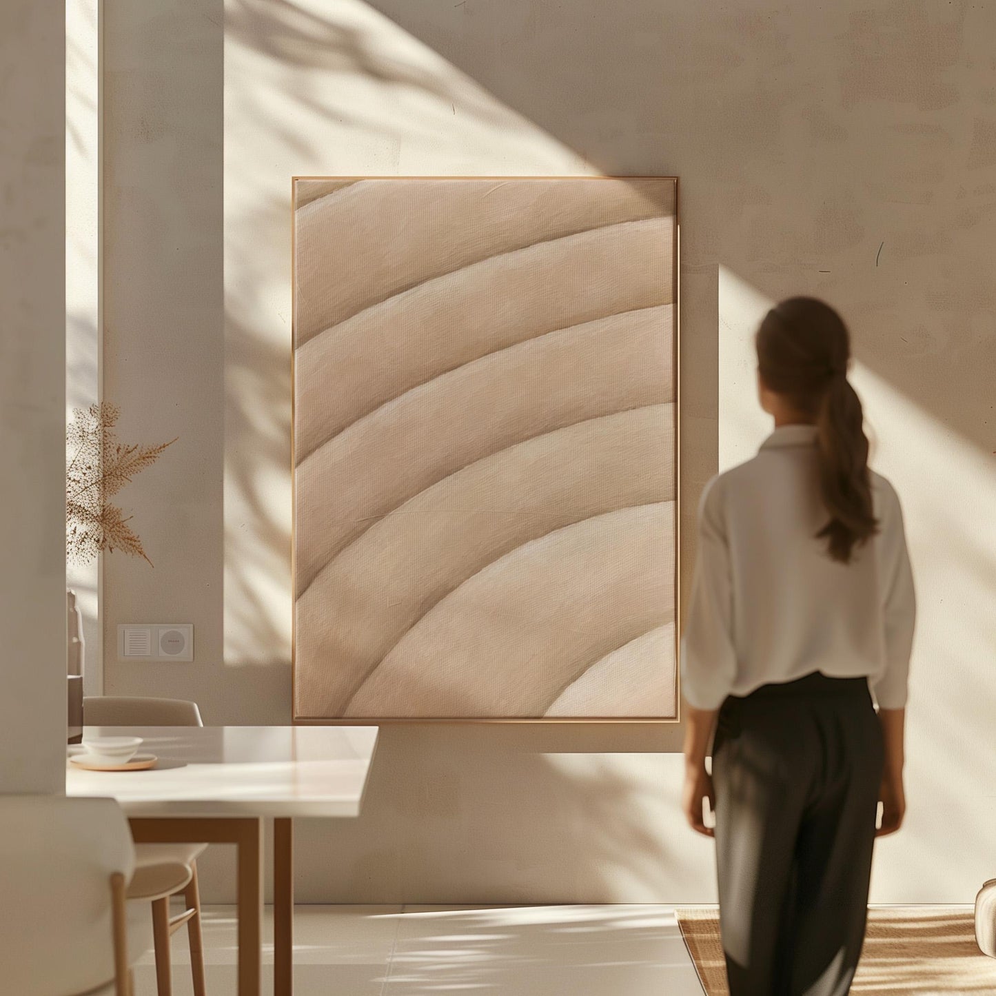 Broad sweeping arcs in cream and blush flowing across the frame, canvas print shown in a sunlit, contemporary room