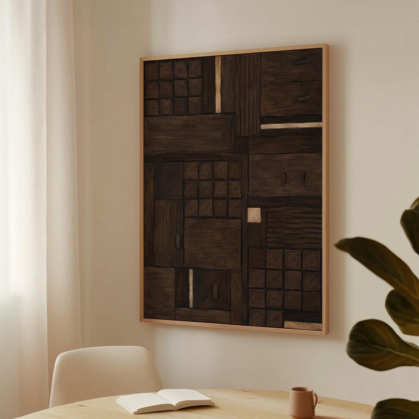 Dark espresso brown geometric patchwork with small gold accents, canvas print styled against a soft white wall