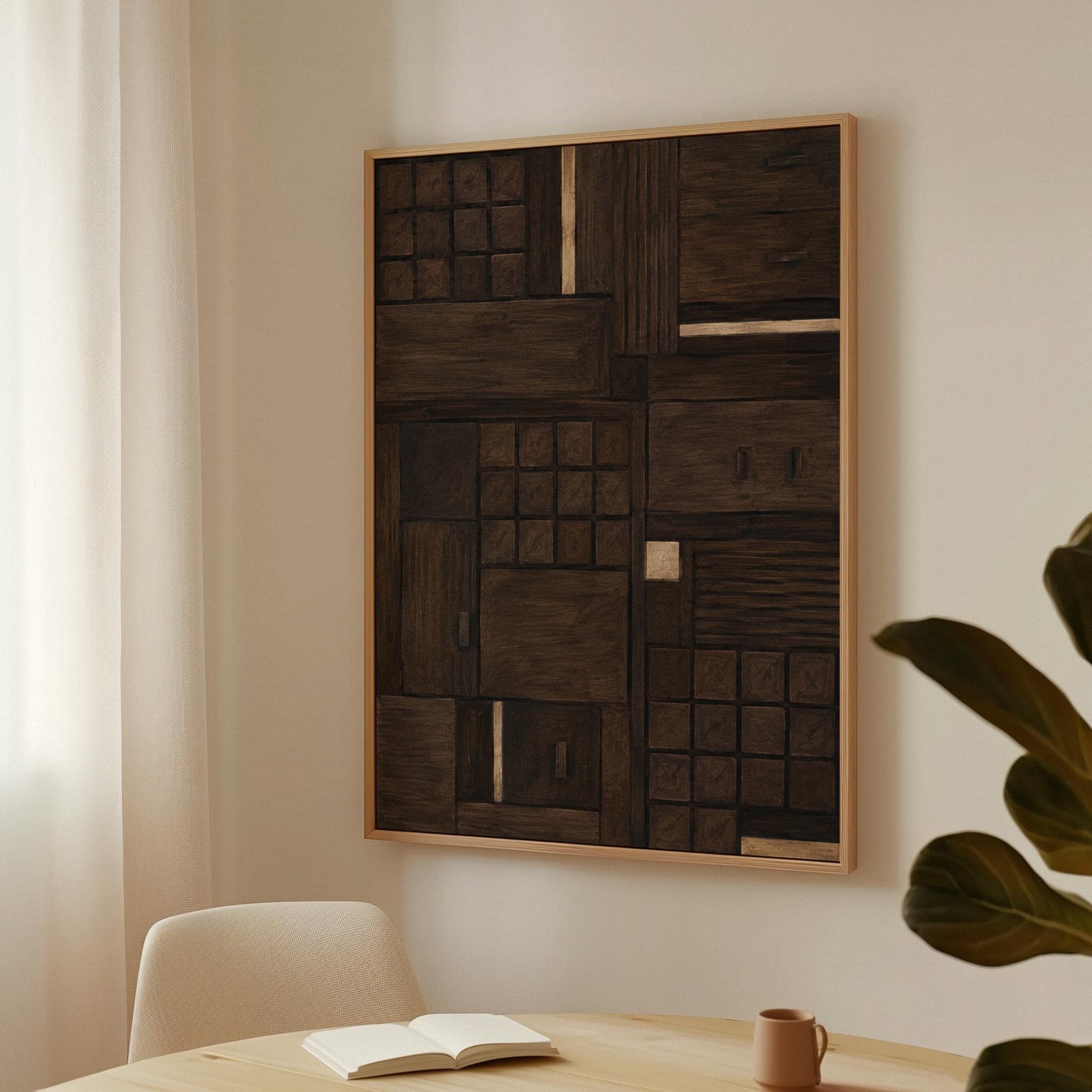 Dark espresso brown geometric patchwork with small gold accents, canvas print styled against a soft white wall