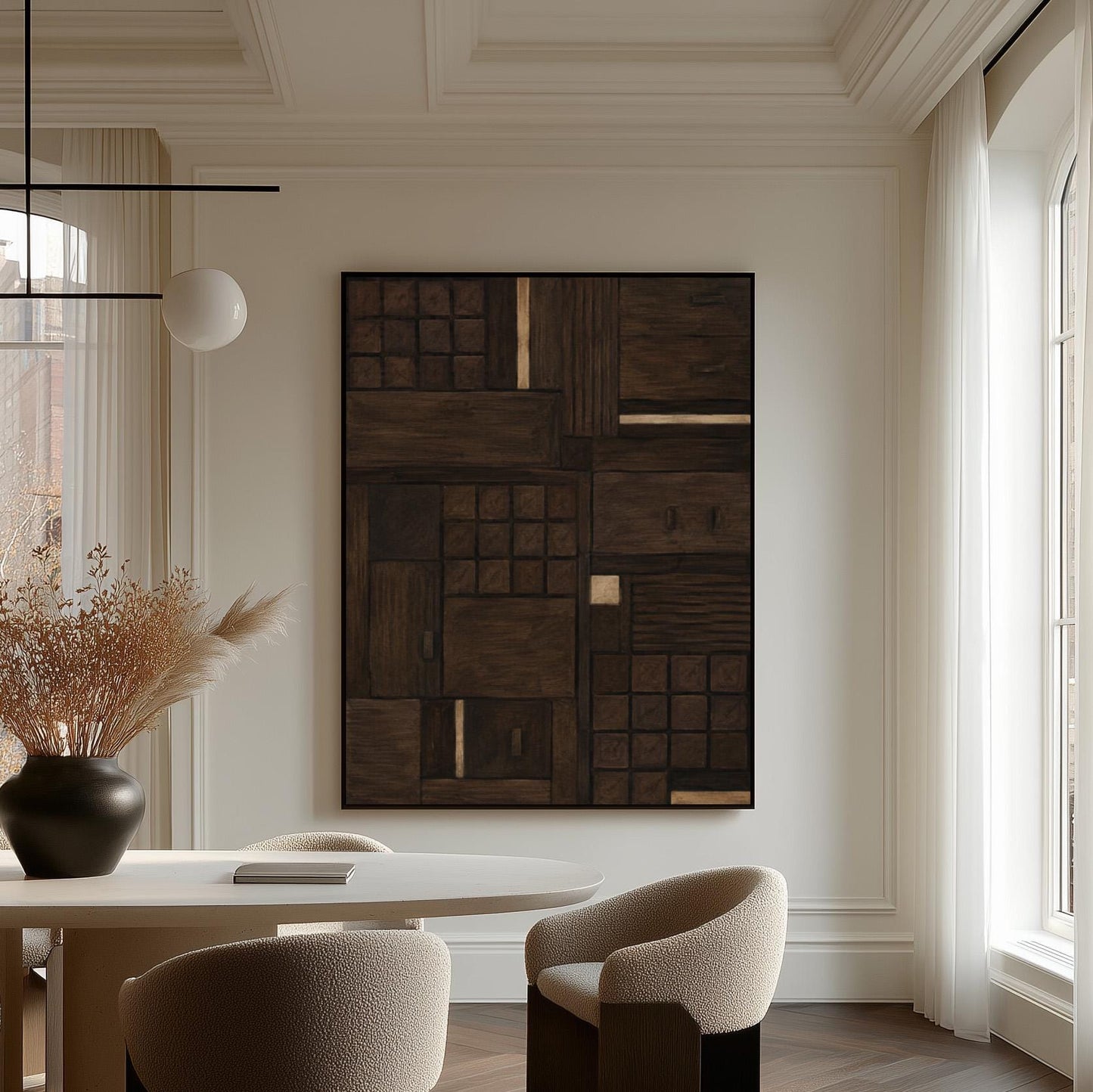 Dark espresso brown geometric patchwork with small gold accents, canvas print on a quiet wall in a considered interior