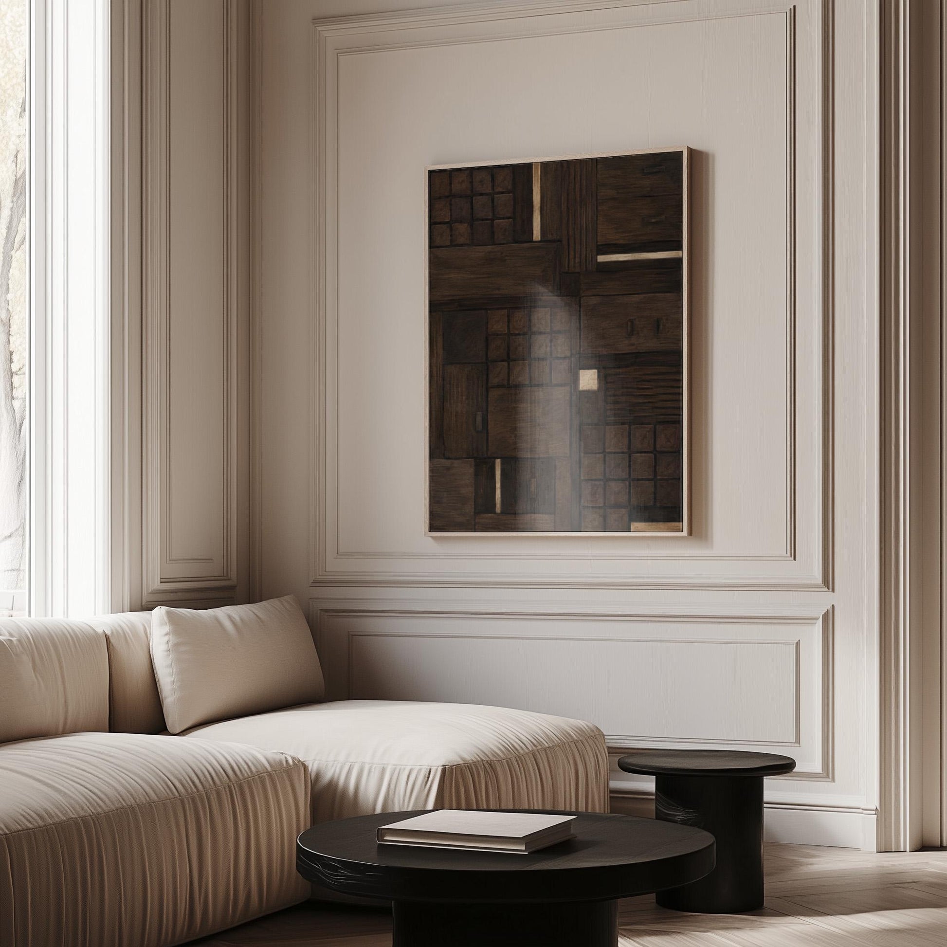 Dark espresso brown geometric patchwork with small gold accents, canvas wall art hanging in a calm, modern living space