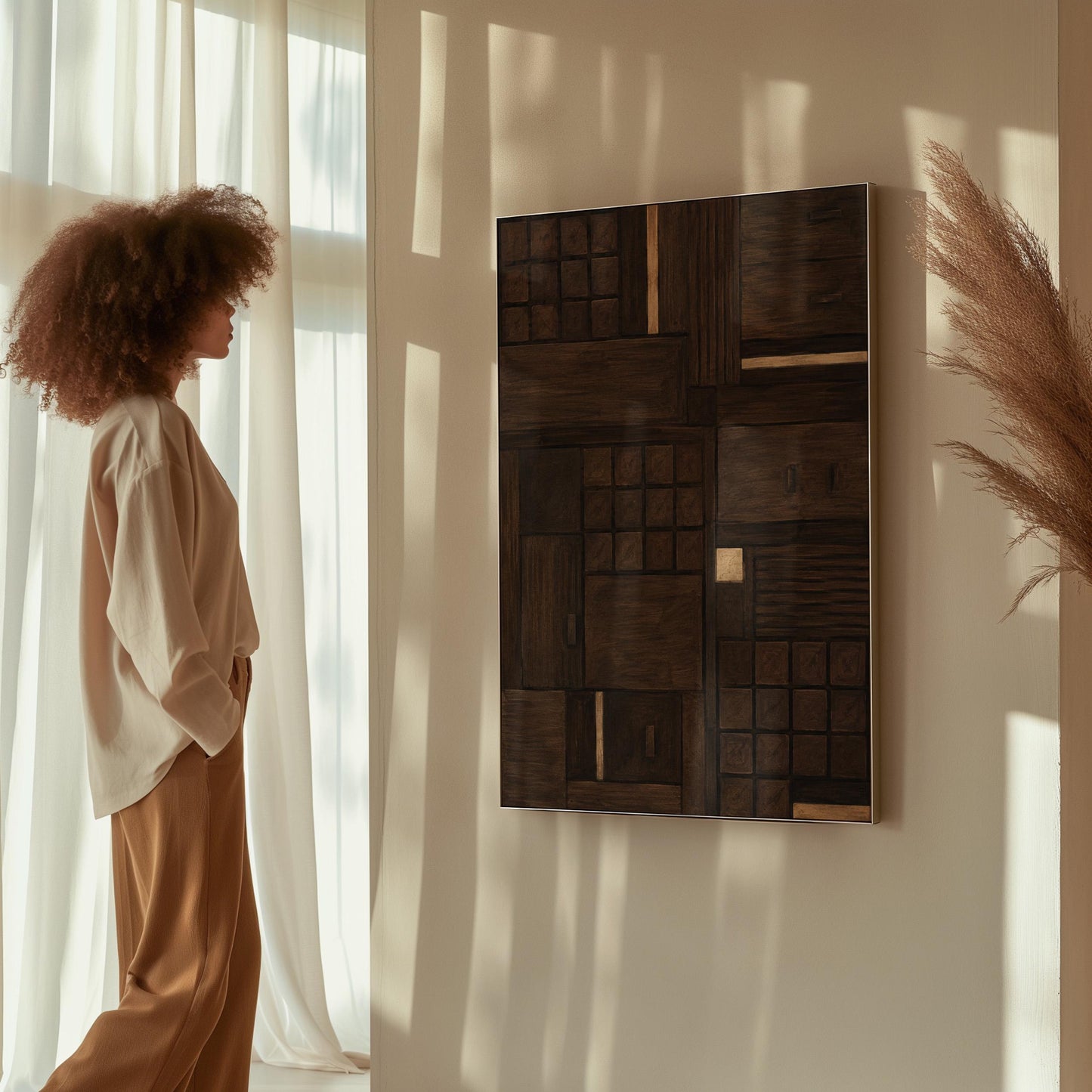 Dark espresso brown geometric patchwork with small gold accents, canvas wall art styled against a soft white wall