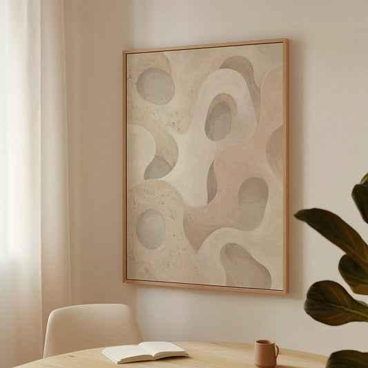 Soft organic flowing shapes in cream and light beige, canvas print styled against a soft white wall