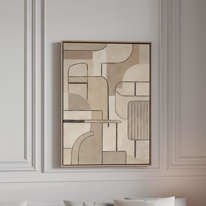 Bauhaus inspired line composition with geometric shapes in beige tones, canvas print in a bright room with natural daylight