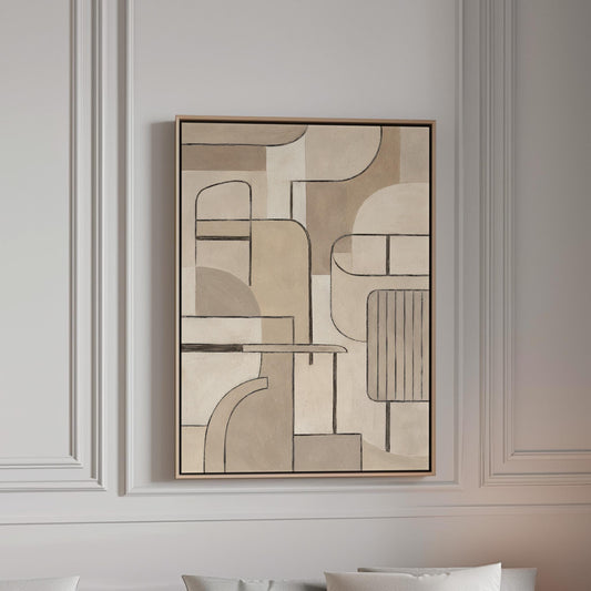 Bauhaus inspired line composition with geometric shapes in beige tones, canvas print in a bright room with natural daylight
