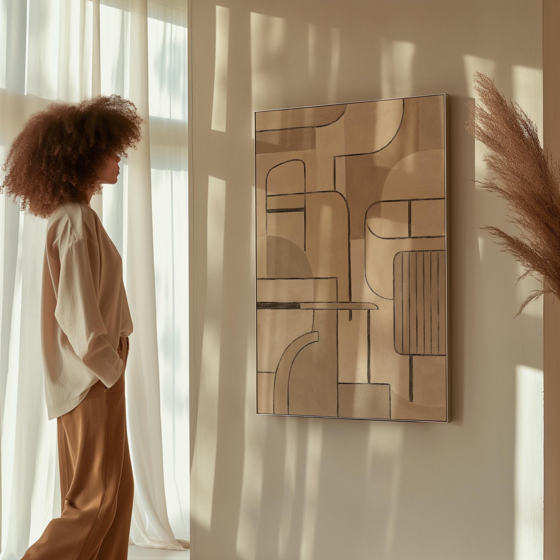 Bauhaus inspired line composition with geometric shapes in beige tones, canvas print hanging in a calm, modern living space