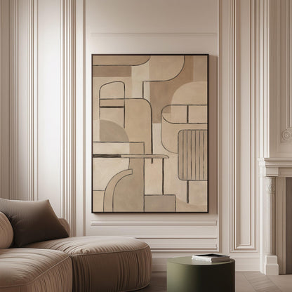 Bauhaus inspired line composition with geometric shapes in beige tones, canvas print on a softly lit wall in a calm interior