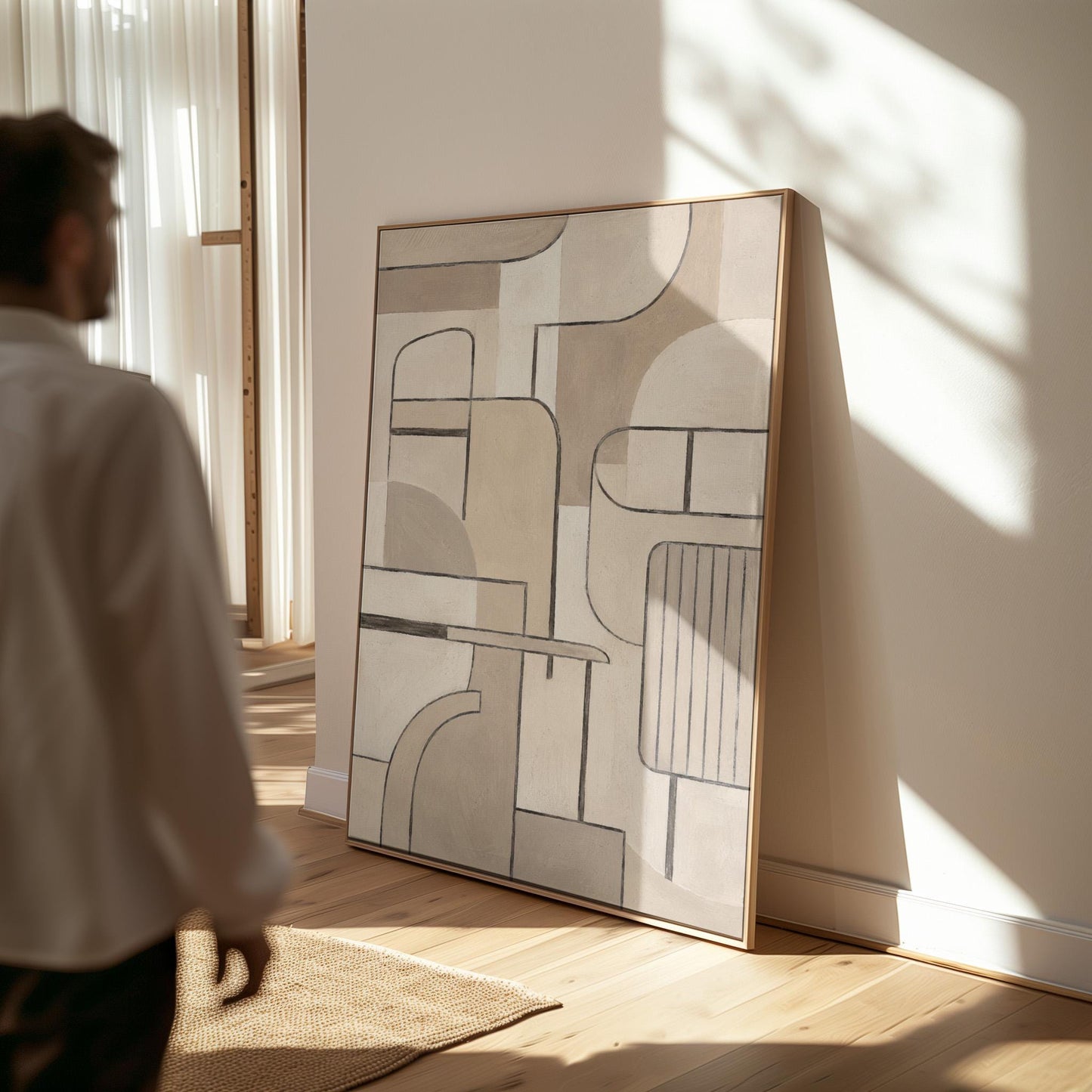 Bauhaus inspired line composition with geometric shapes in beige tones, canvas print seen in a warm interior with natural light