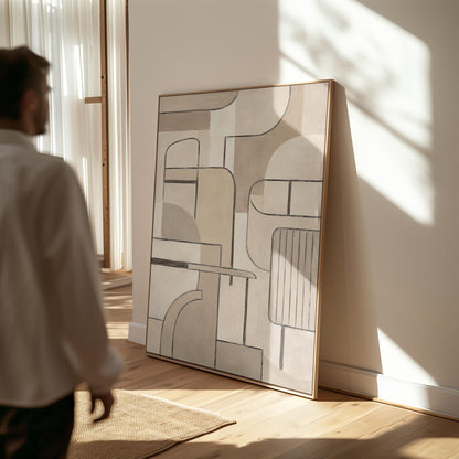Bauhaus inspired line composition with geometric shapes in beige tones, canvas print seen in a warm interior with natural light