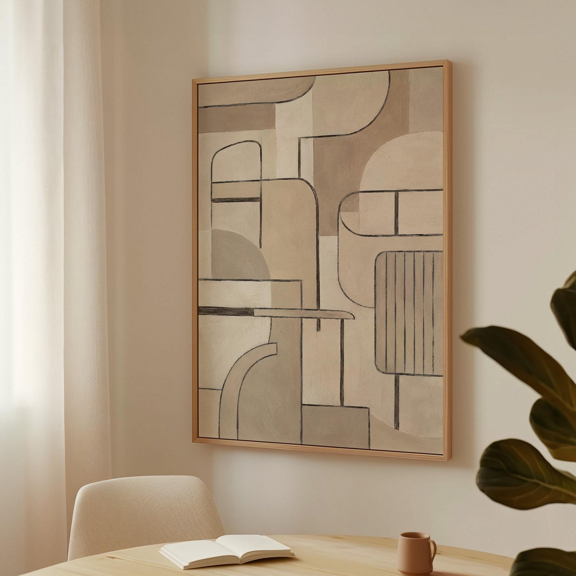 Bauhaus inspired line composition with geometric shapes in beige tones, canvas print presented in a light, minimal room