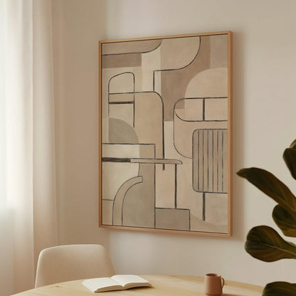 Bauhaus inspired line composition with geometric shapes in beige tones, canvas print presented in a light, minimal room