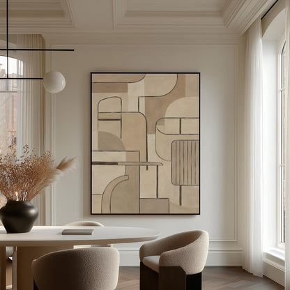 Bauhaus inspired line composition with geometric shapes in beige tones, canvas wall art hanging in a calm, modern living space