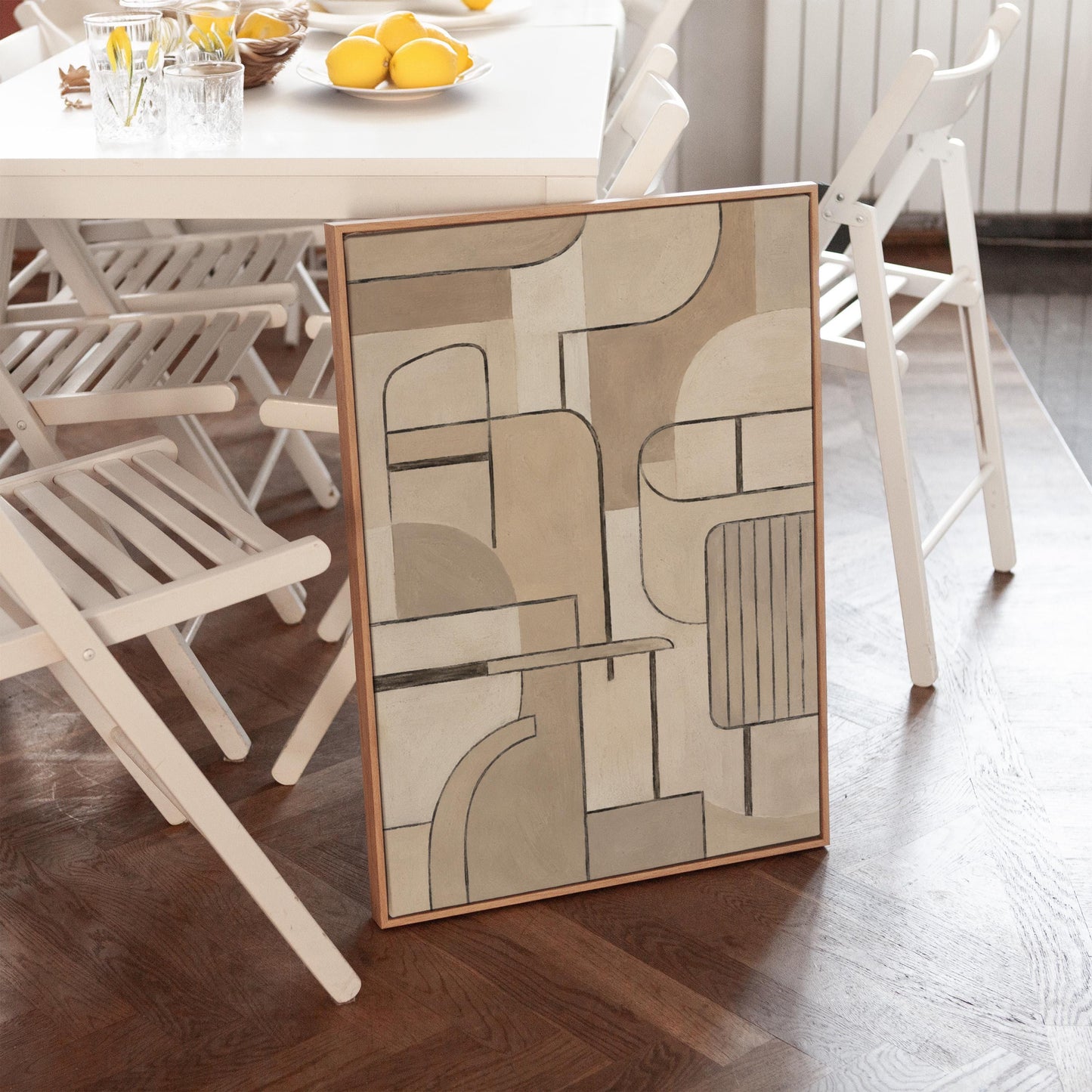 Bauhaus inspired line composition with geometric shapes in beige tones, canvas wall art seen in a warm interior with natural light