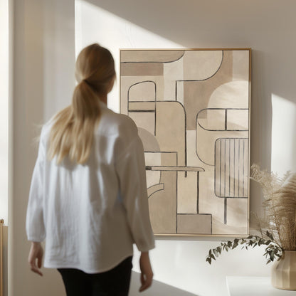 Bauhaus inspired line composition with geometric shapes in beige tones, canvas wall art on a quiet wall in a considered interior
