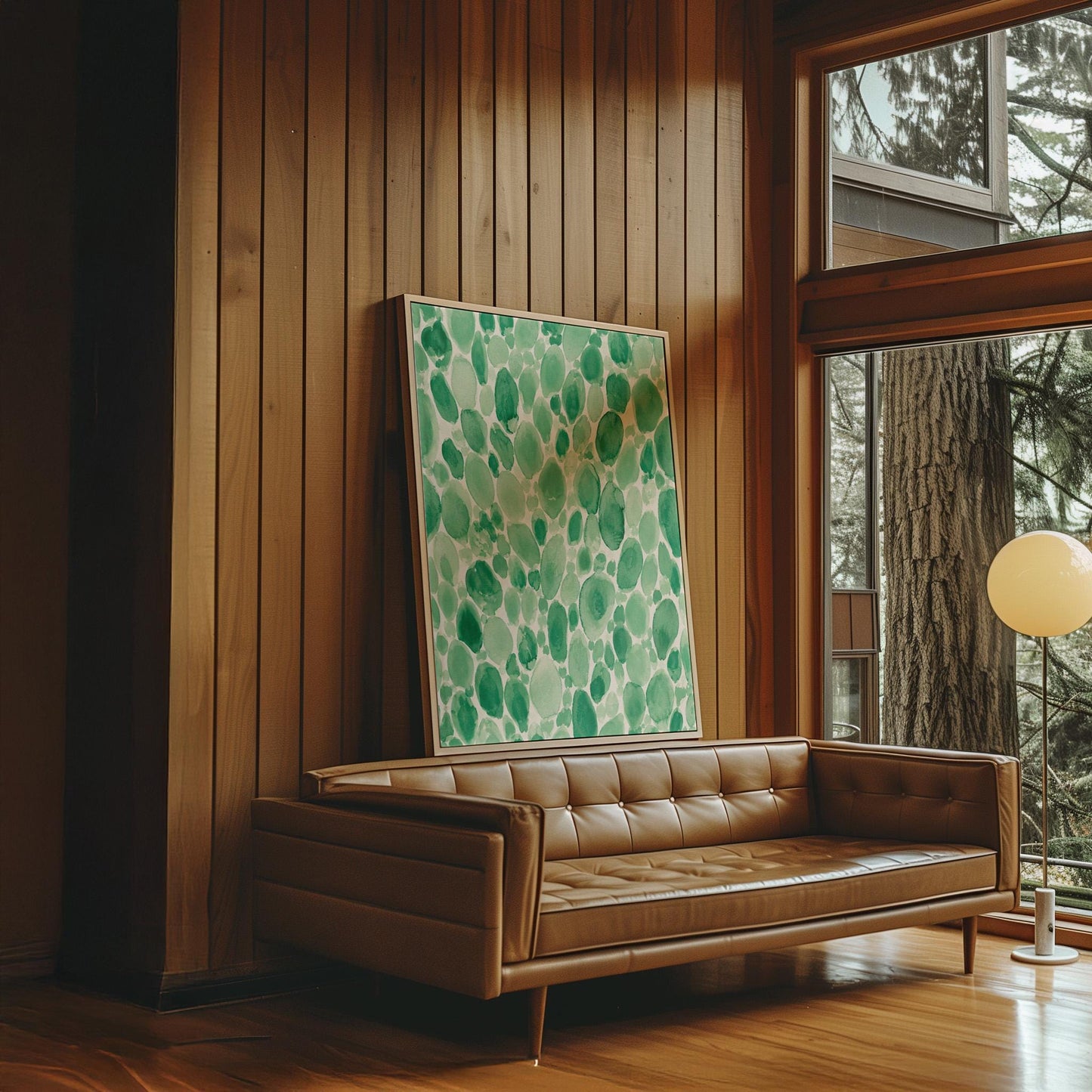Dense watercolor pebble shapes in mint to emerald green, canvas wall art presented in a light, minimal room