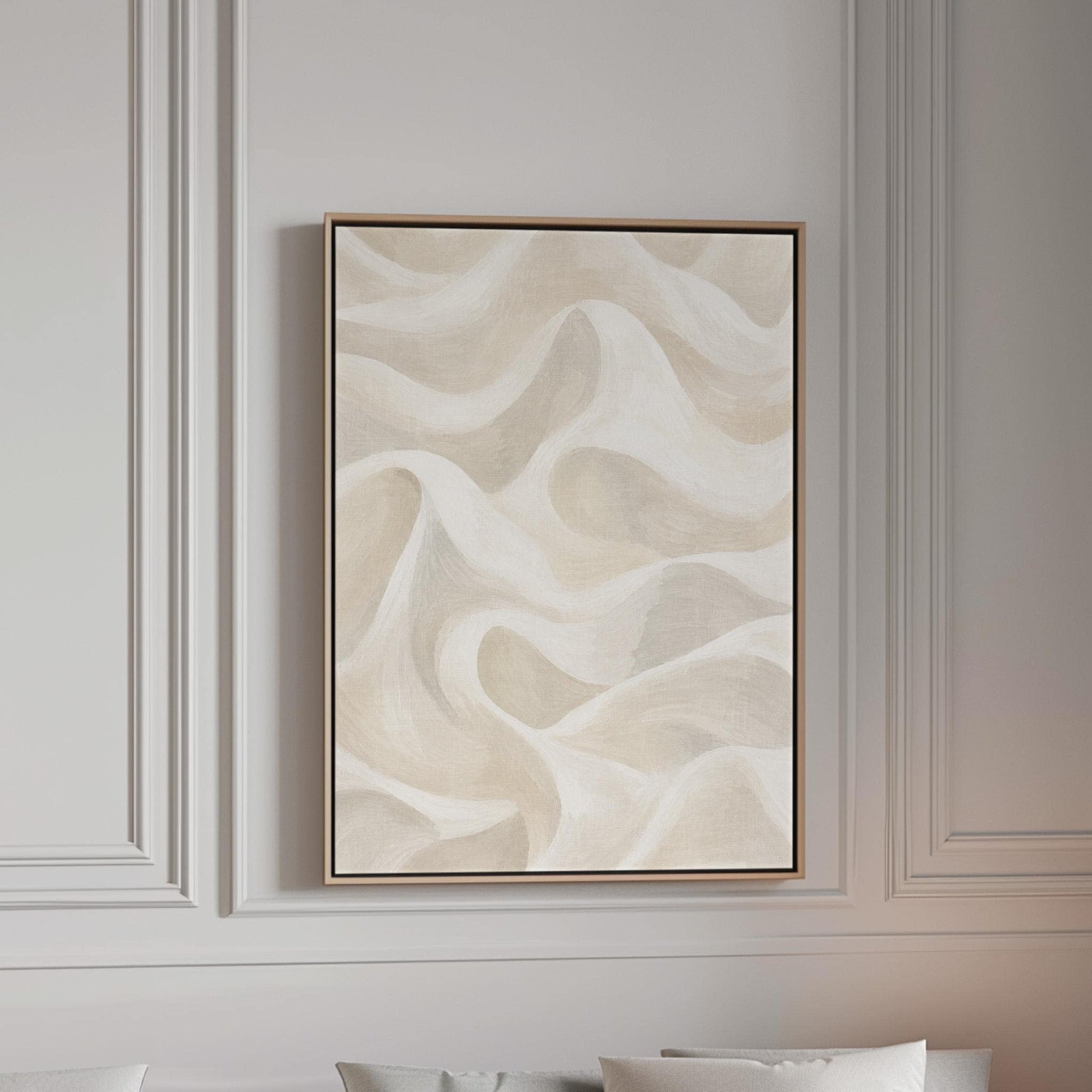 Flowing silky wave shapes in ivory and warm white, canvas print in a bright room with natural daylight
