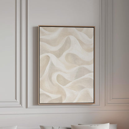 Flowing silky wave shapes in ivory and warm white, canvas print in a bright room with natural daylight