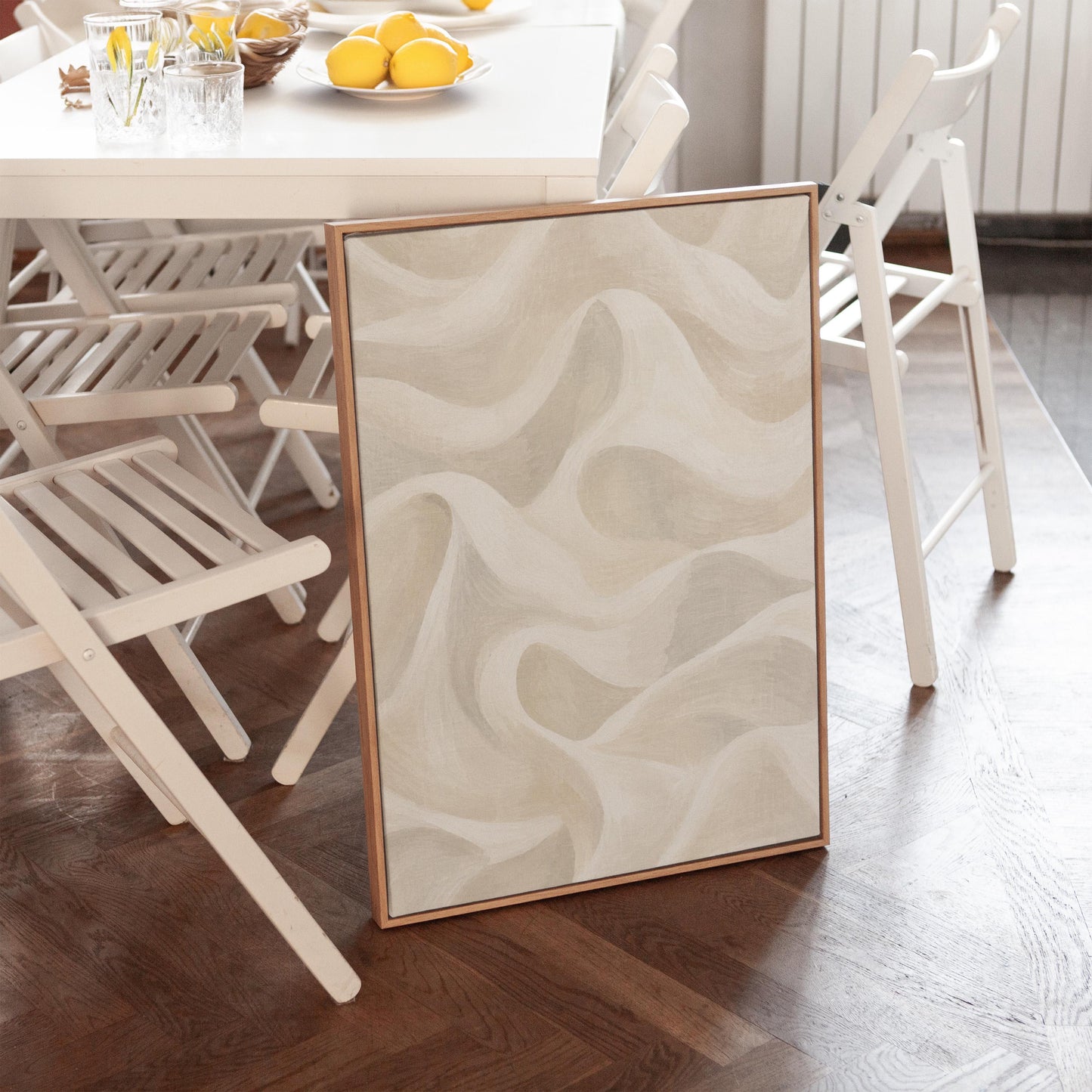 Flowing silky wave shapes in ivory and warm white, canvas print presented in a light, minimal room