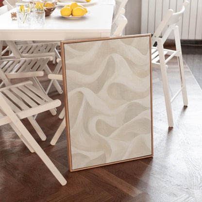Flowing silky wave shapes in ivory and warm white, canvas print presented in a light, minimal room