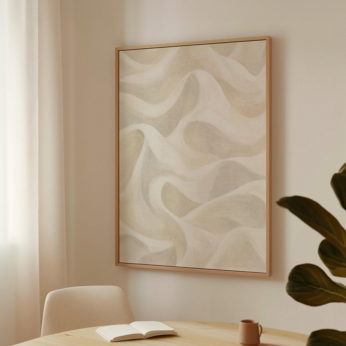 Flowing silky wave shapes in ivory and warm white, canvas print shown to scale in a furnished room