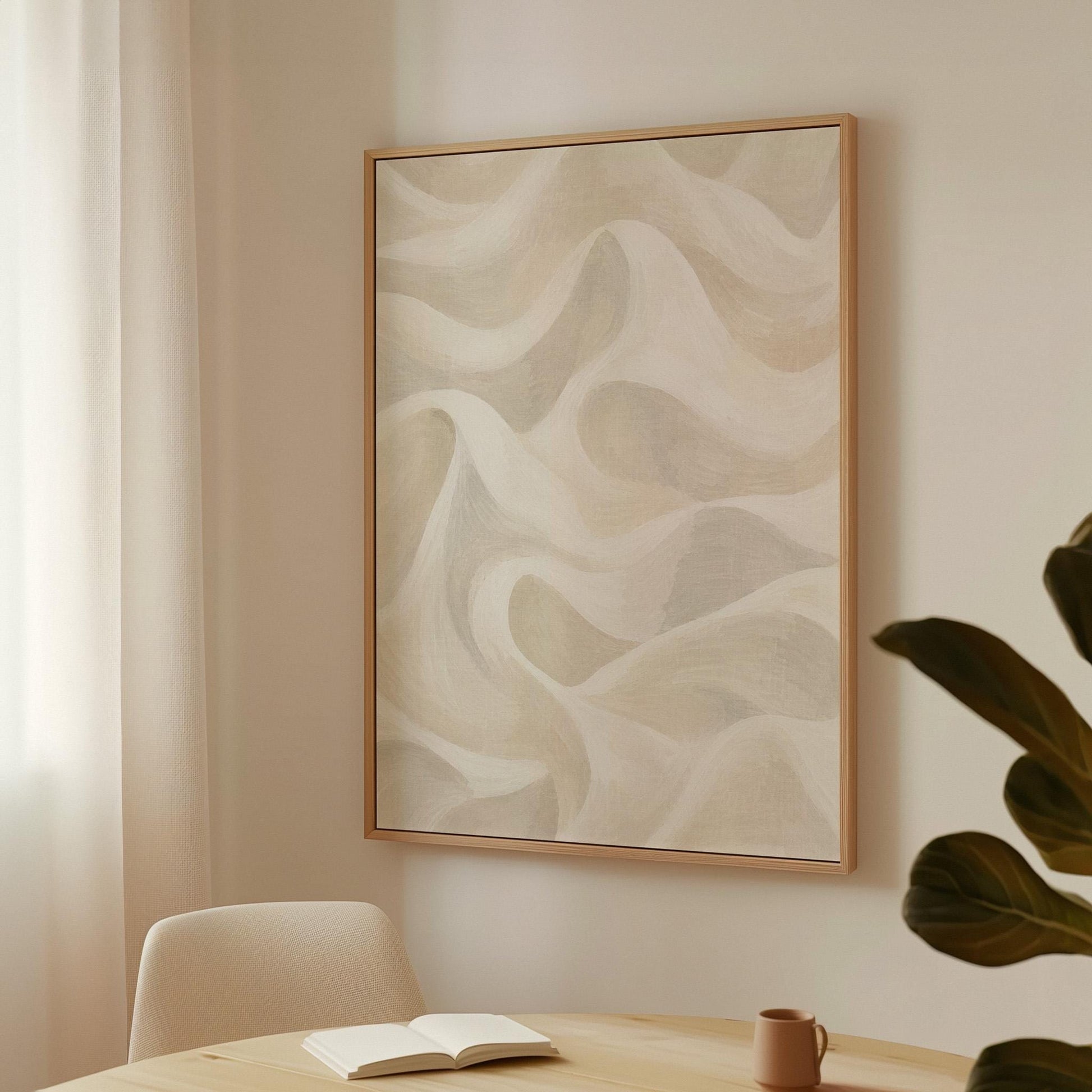 Flowing silky wave shapes in ivory and warm white, canvas print shown to scale in a furnished room