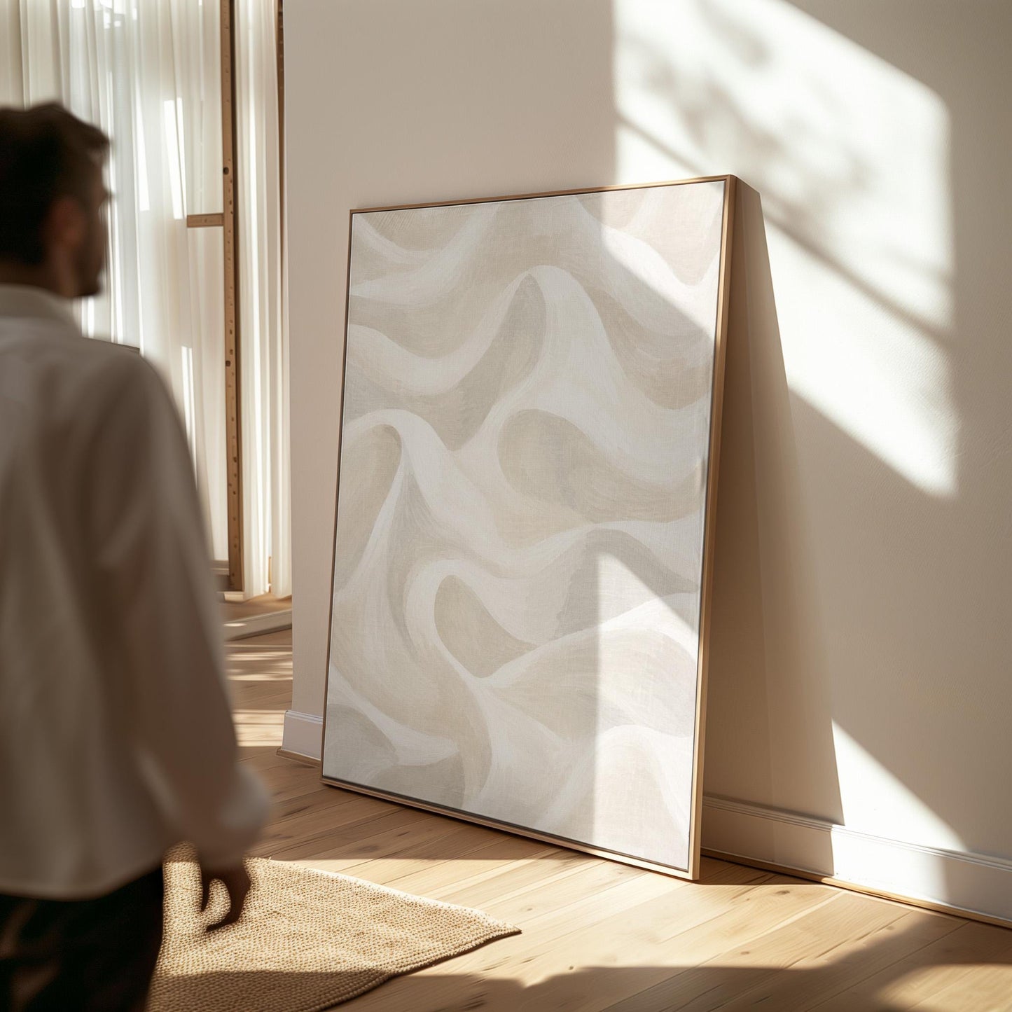 Flowing silky wave shapes in ivory and warm white, canvas wall art on a quiet wall in a considered interior