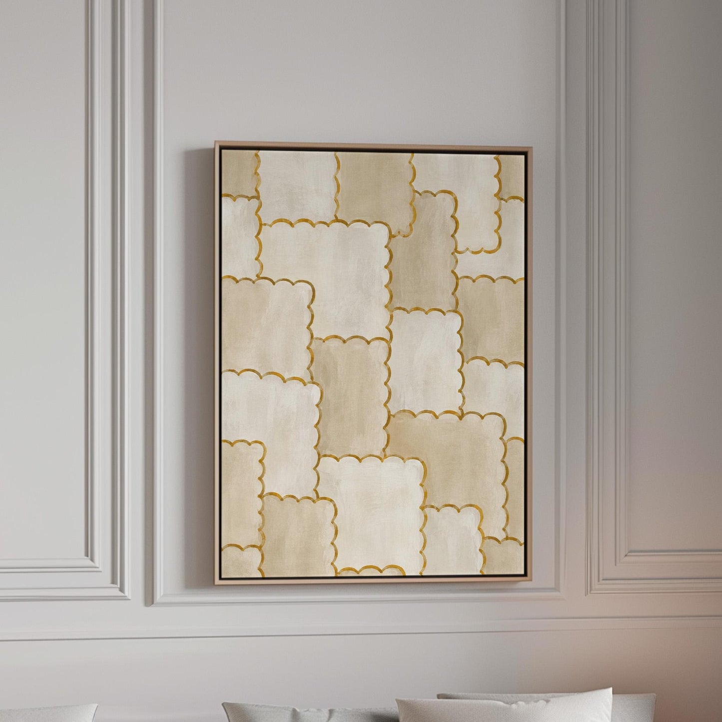 Overlapping tile pattern with scalloped gold edges in beige, canvas print in a bright room with natural daylight