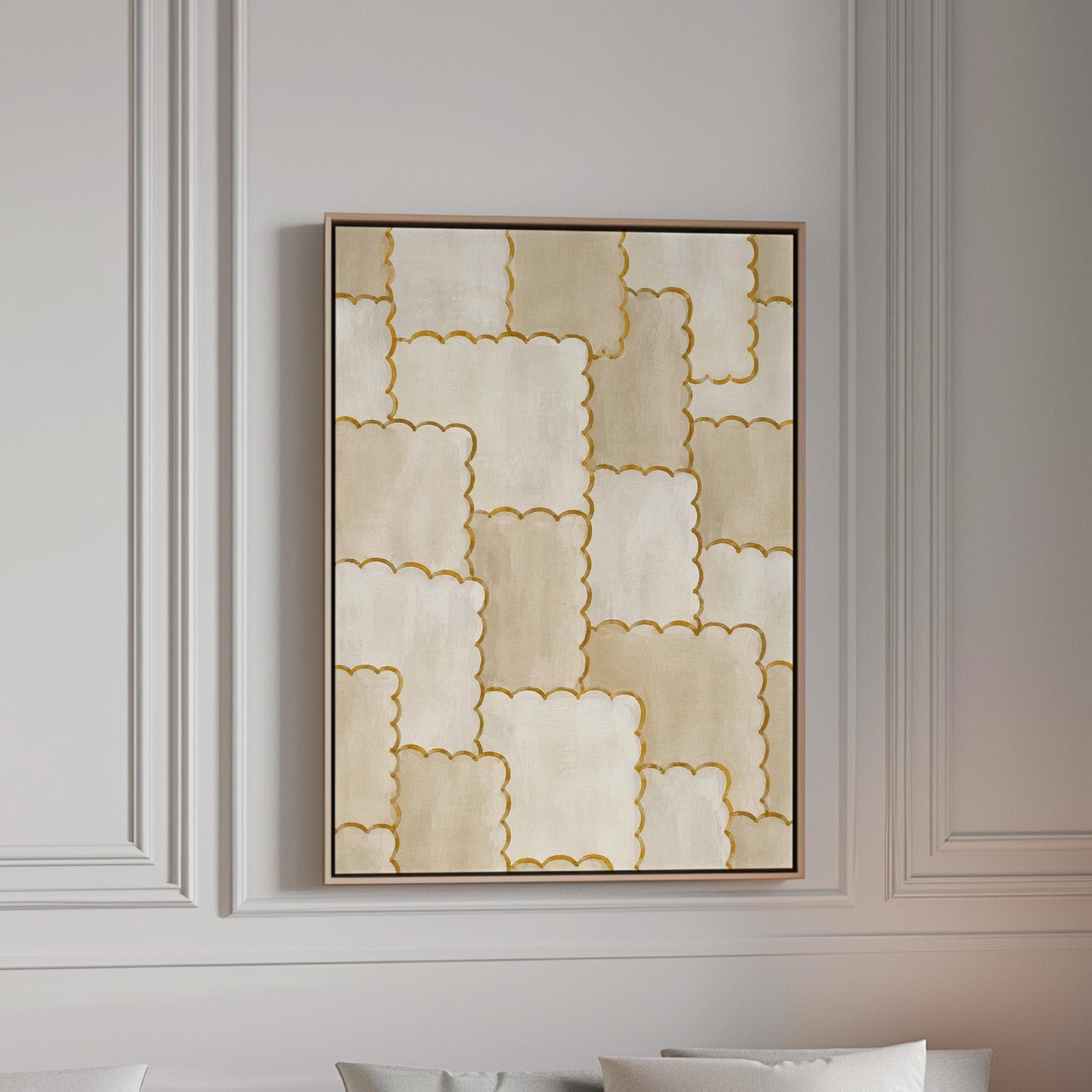 Overlapping tile pattern with scalloped gold edges in beige, canvas print in a bright room with natural daylight