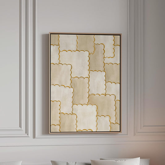 Overlapping tile pattern with scalloped gold edges in beige, canvas print in a bright room with natural daylight