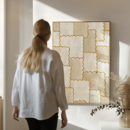 Overlapping tile pattern with scalloped gold edges in beige, canvas print shown to scale in a furnished room