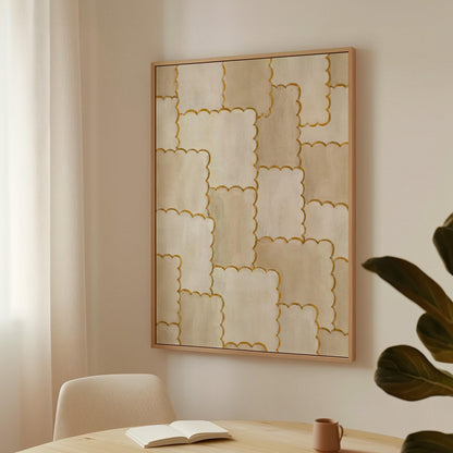 Overlapping tile pattern with scalloped gold edges in beige, canvas wall art seen in a warm interior with natural light