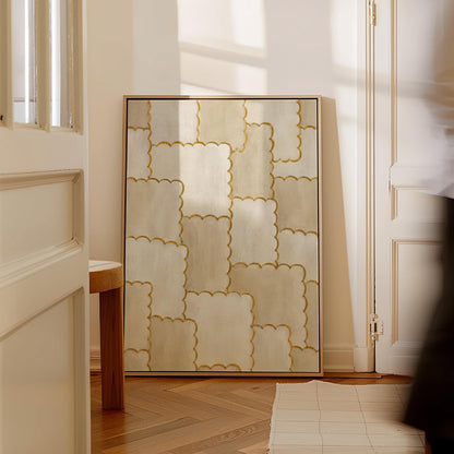 Overlapping tile pattern with scalloped gold edges in beige, canvas print on a quiet wall in a considered interior