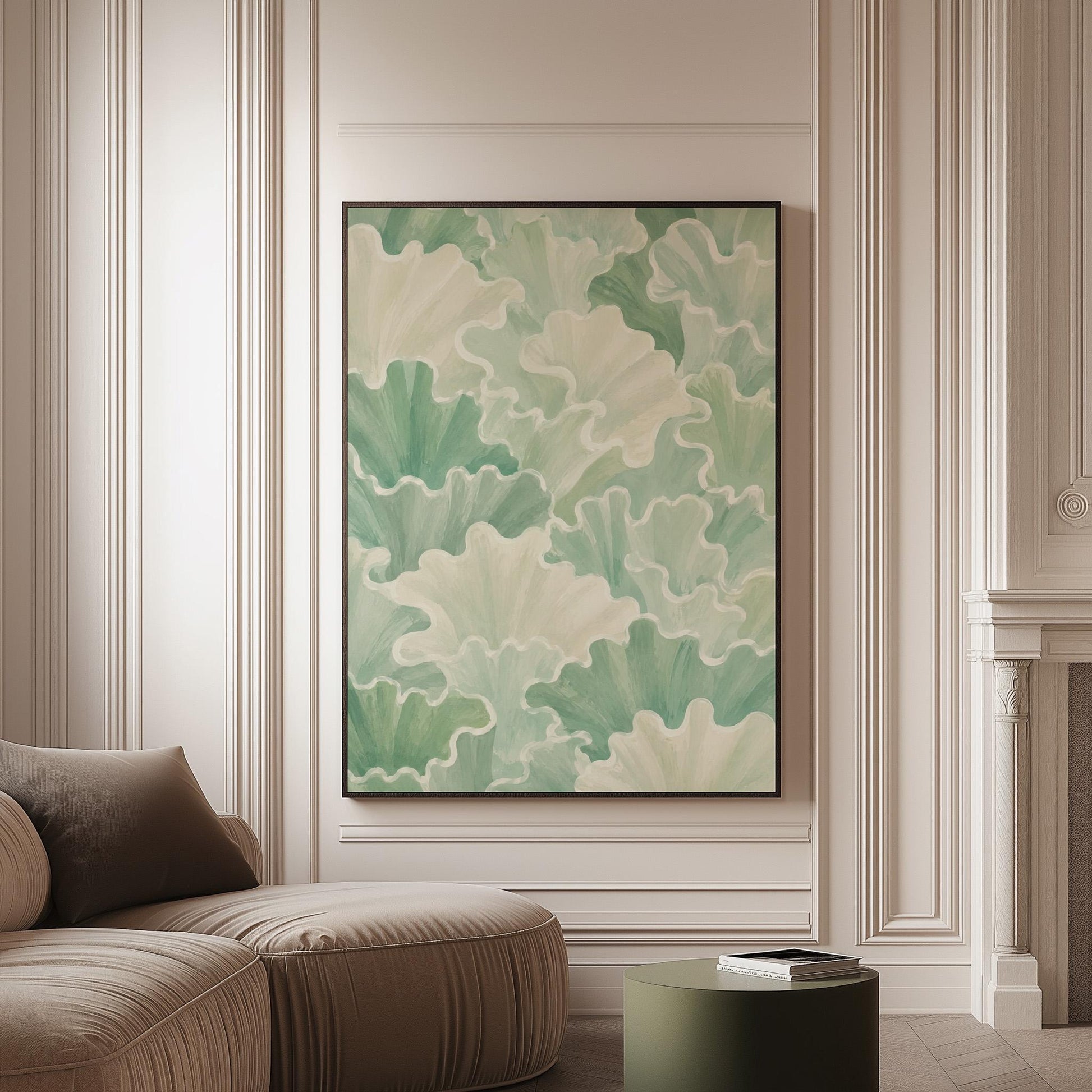 Fan shaped leafy forms in soft sage green watercolor, canvas print on a softly lit wall in a calm interior