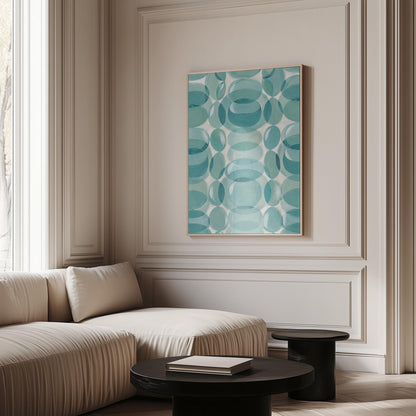 Overlapping translucent circles in teal and aqua tones, canvas wall art presented in a light, minimal room