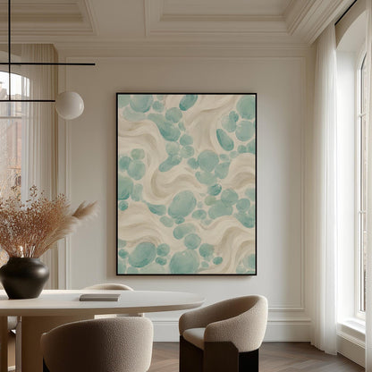 Aqua pebble shapes drifting among soft cream waves, canvas wall art hanging in a calm, modern living space