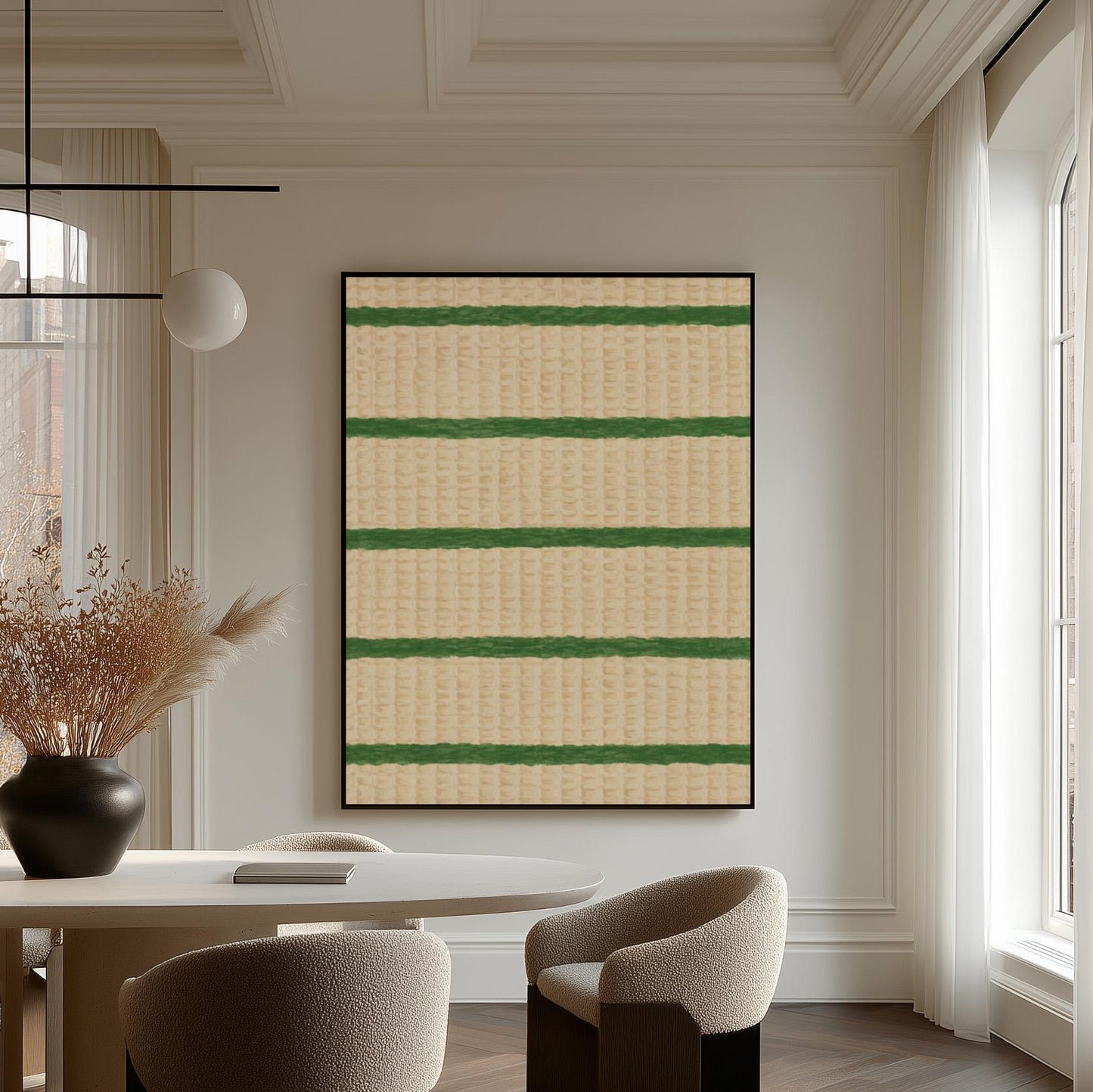 Horizontal grass green stripes on a cream background, canvas print hanging in a calm, modern living space
