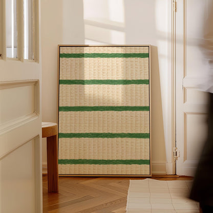 Horizontal grass green stripes on a cream background, canvas print styled against a soft white wall