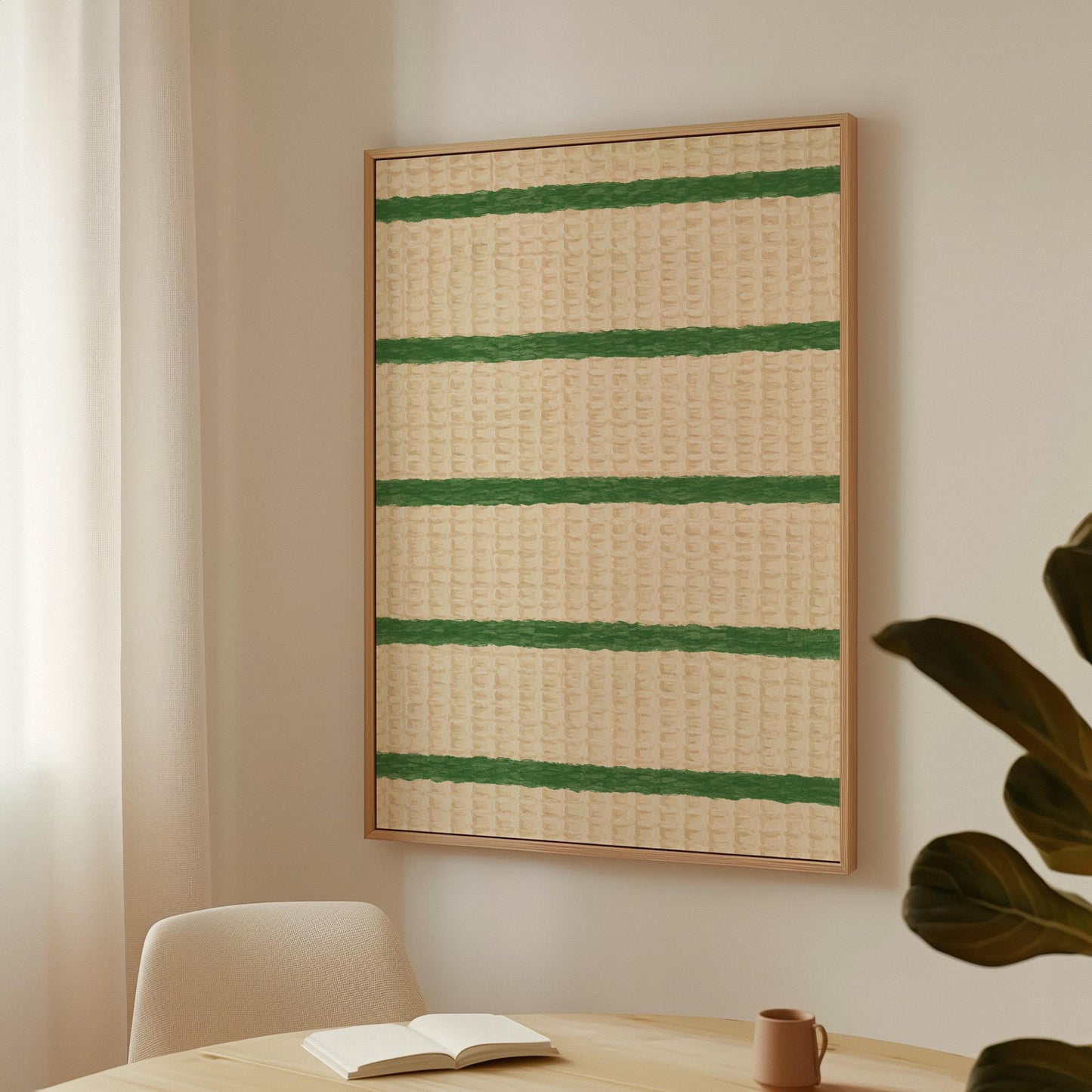 Horizontal grass green stripes on a cream background, canvas print presented in a light, minimal room