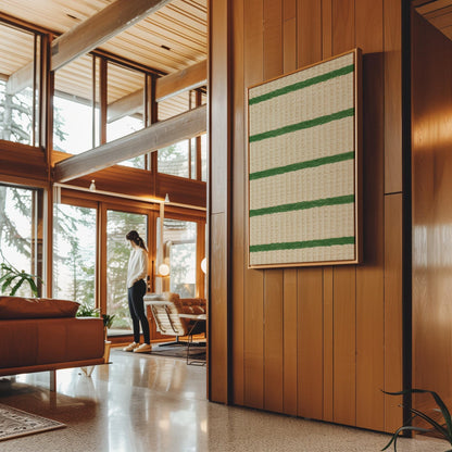 Horizontal grass green stripes on a cream background, canvas print shown to scale in a furnished room