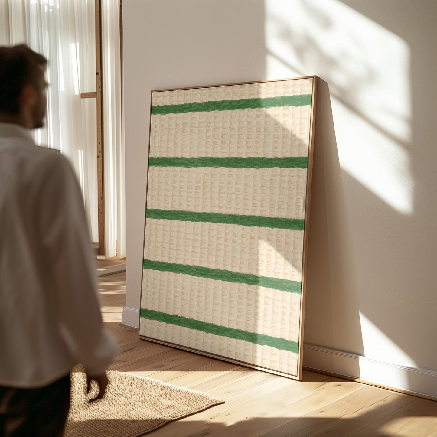 Horizontal grass green stripes on a cream background, canvas wall art hanging in a calm, modern living space