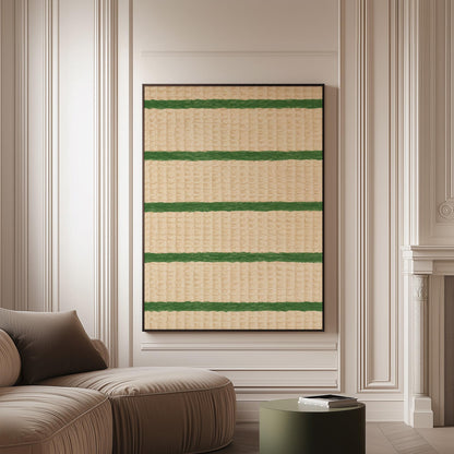 Horizontal grass green stripes on a cream background, canvas print on a softly lit wall in a calm interior