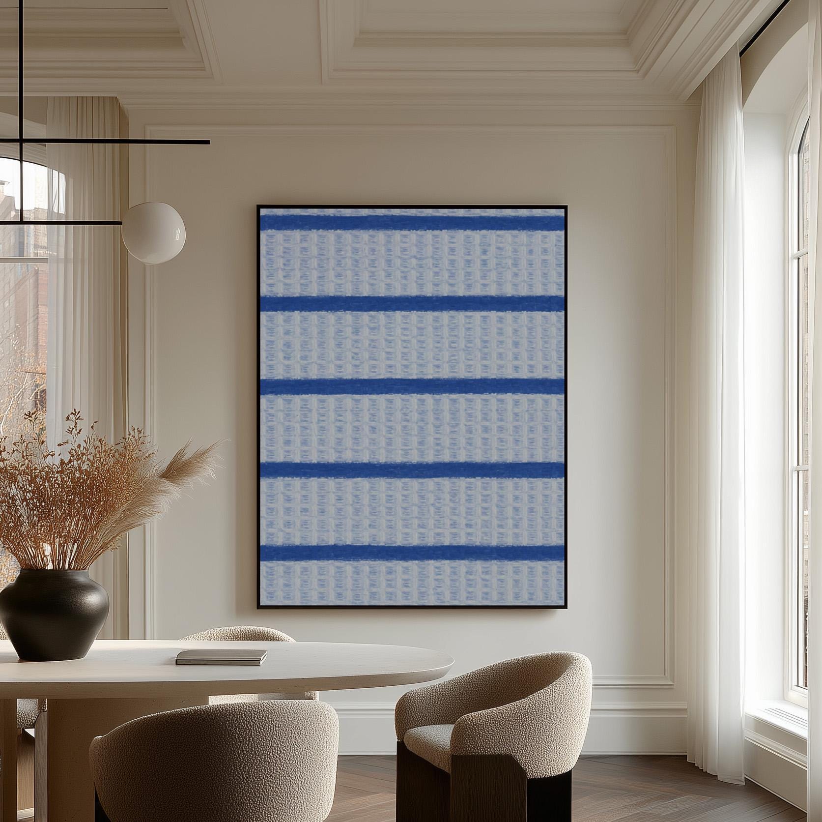Bold cornflower blue stripes on a pale blue background, canvas print hanging in a calm, modern living space