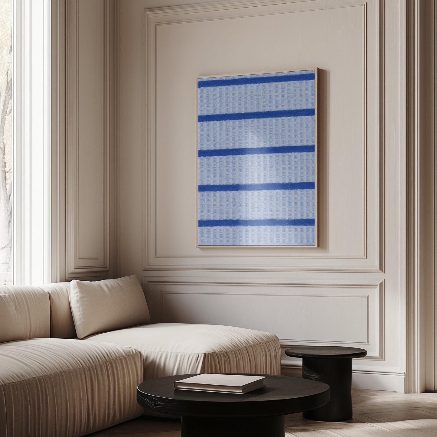 Bold cornflower blue stripes on a pale blue background, canvas print on a quiet wall in a considered interior