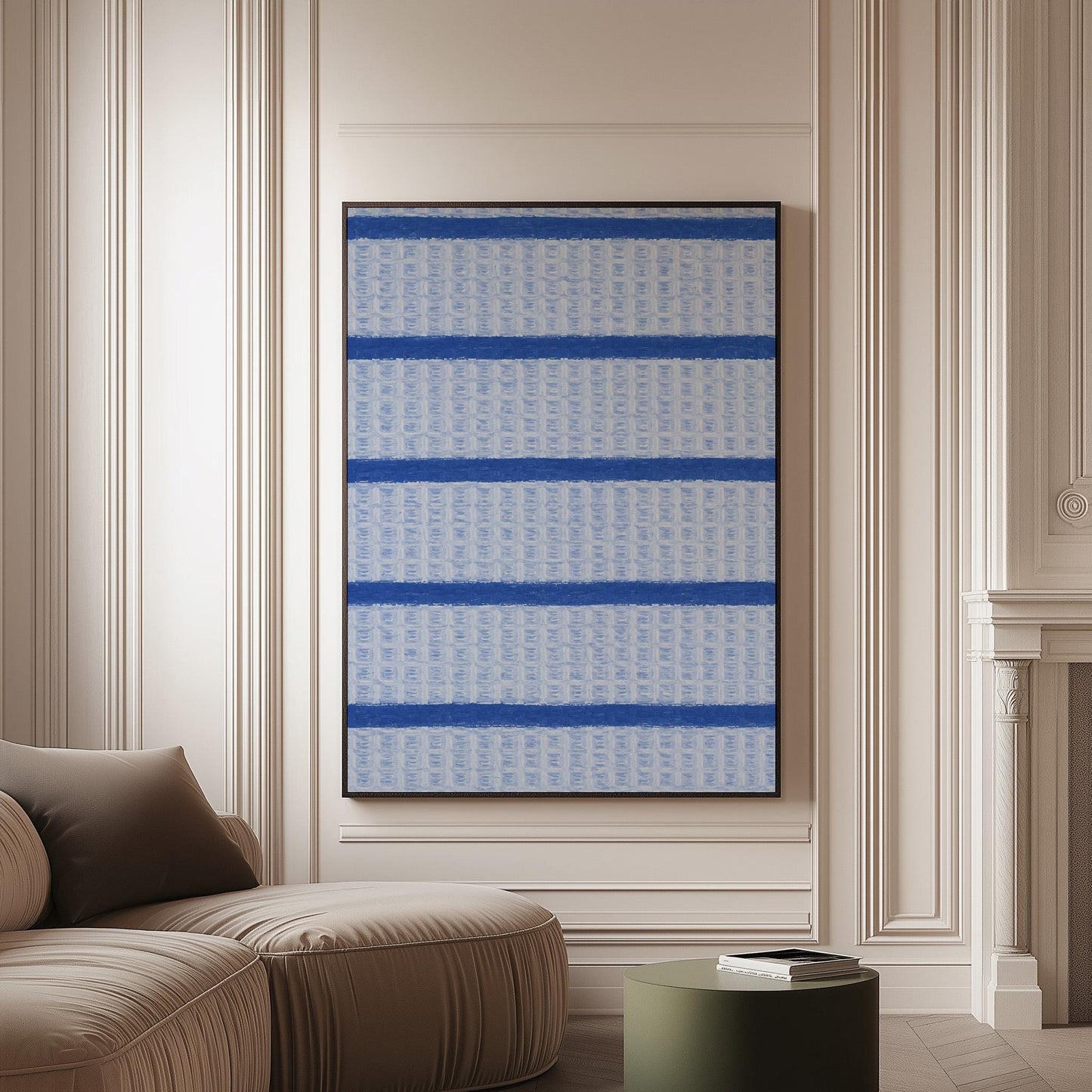 Bold cornflower blue stripes on a pale blue background, canvas print on a softly lit wall in a calm interior
