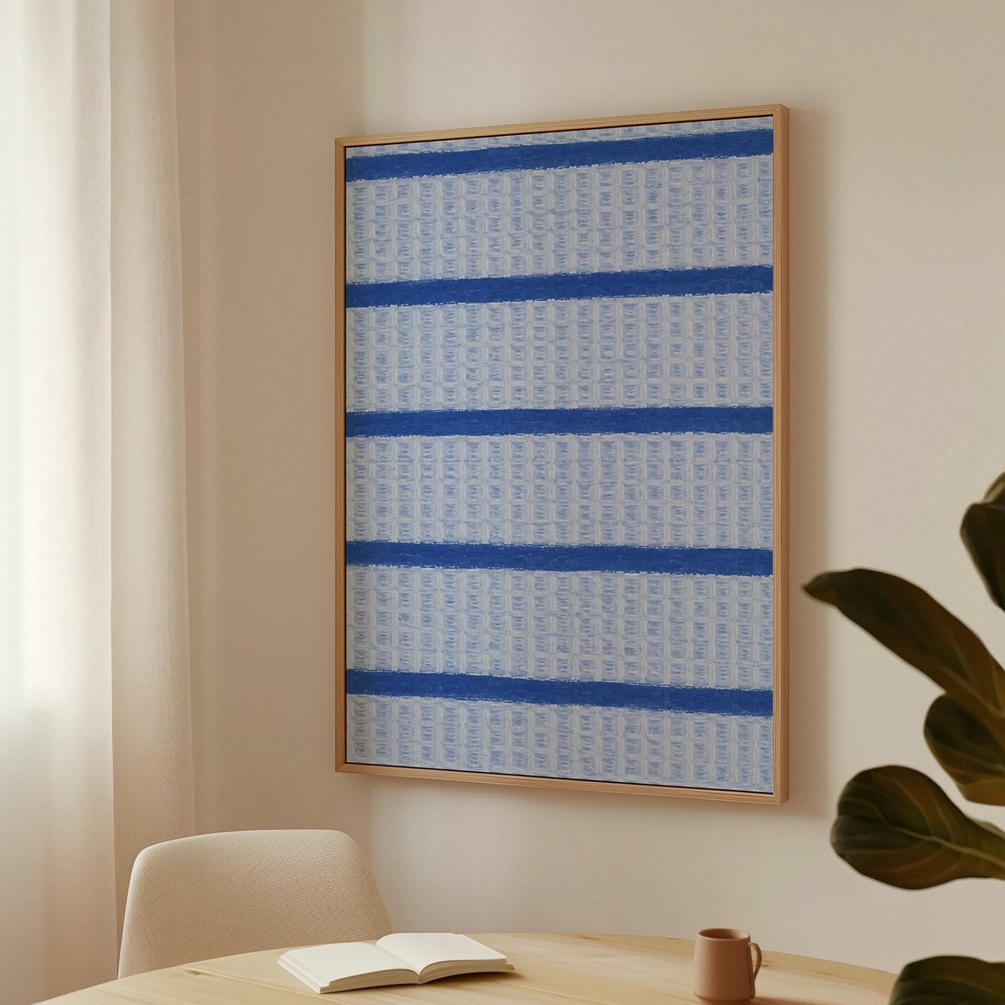 Bold cornflower blue stripes on a pale blue background, canvas wall art hanging in a calm, modern living space