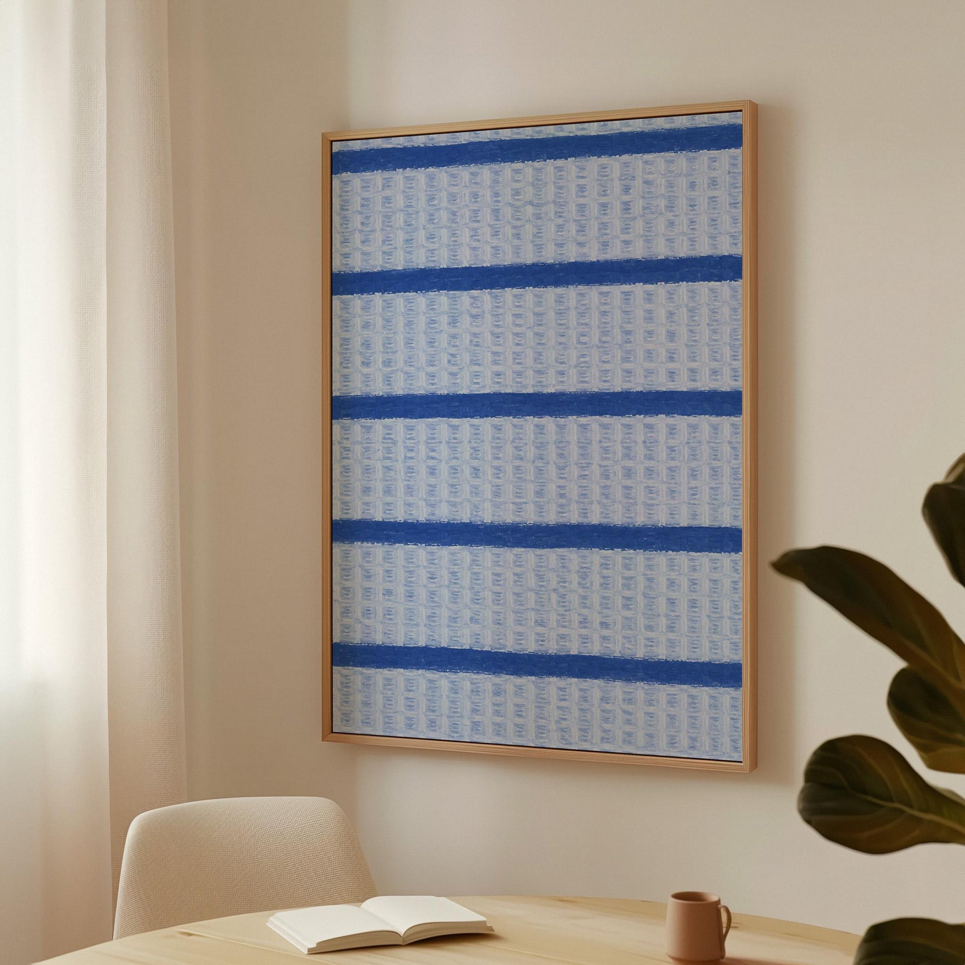 Bold cornflower blue stripes on a pale blue background, canvas wall art hanging in a calm, modern living space